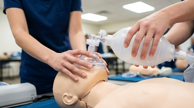 Medical trainees Two people performing CPR using bag valve mask during emergency resuscitation mannequin session