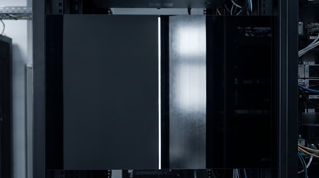 Modern high tech server rack enclosure in dark server room datacenter hardware computing technology
