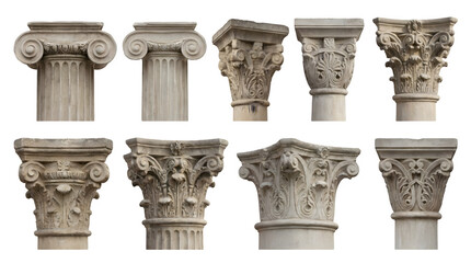 Fototapeta premium Ancient Greek and Roman architectural columns, set of 9 stone pillar capitals, classical marble pedestals with ionic and corinthian carvings