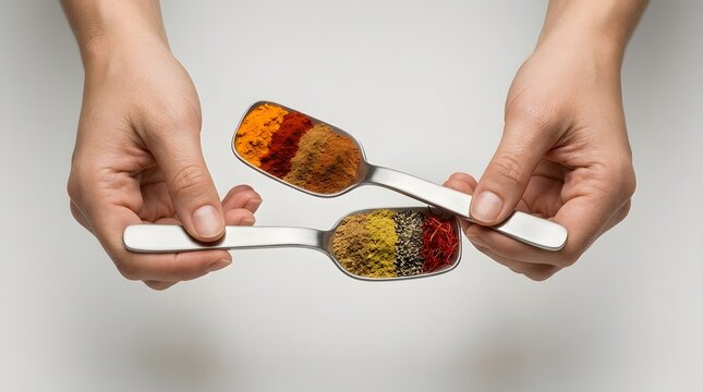 Two hands holding measuring spoons filled with various colorful cooking spices.