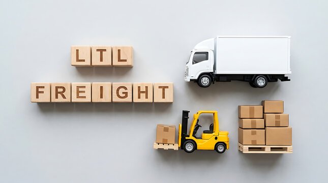 Wooden cubes spelling LTL Freight beside miniature toy truck and yellow forklift