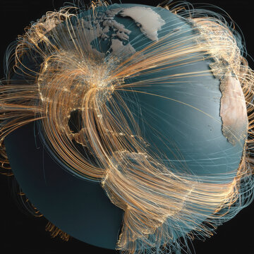 Global network communication visualization over planet earth sphere showing glowing digital lines connecting continents across dark space, representing world data transfer, internet, and air traffic