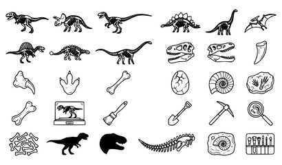 Premium dinosaur, fossil, skeleton and prehistoric line icons set © MDSUJON