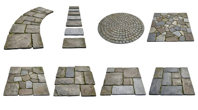 Natural stone paving collection, flagstone patio tiles and cobblestone patterns, grey slate walkway elements isolated on white background