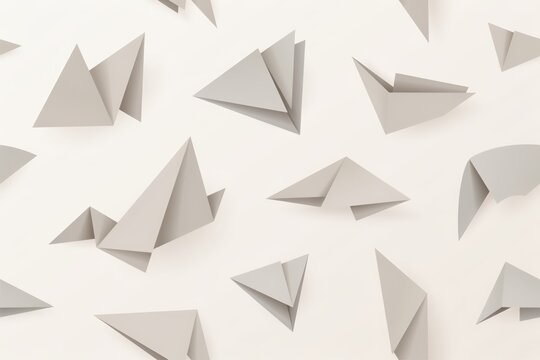 Minimalist seamless pattern of folded paper origami birds arranged in a repeating layout on a plain light beige background, for stationery