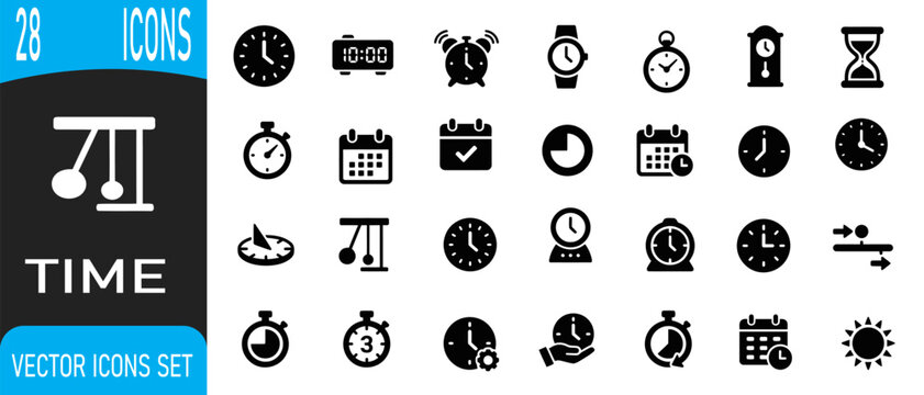 Comprehensive time and clock icon collection presented as an editable vector set for professional graphic design projects