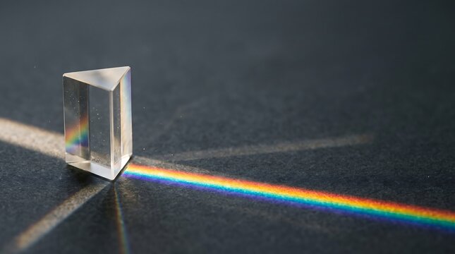 Light refraction through a transparent glass prism creating a vibrant rainbow spectrum on dark surface