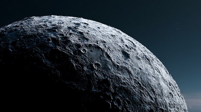 Close up view of the moon surface with craters and shadows in dark space.