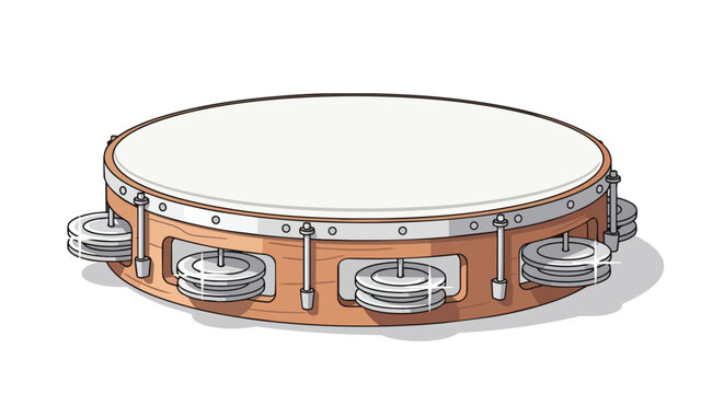Realistic Wooden Tambourine Percussion Musical Instrument with Metal Jingles and White Skin for Rhythm Performance