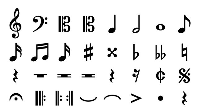 Musical symbols collection displays a variety of notation elements including clefs, rests, and note durations on a white background.