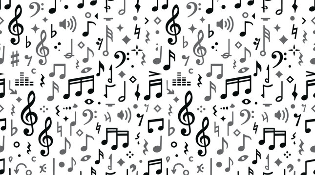 Musical notes pattern creates a repetitive background texture of black sound symbols and icons.