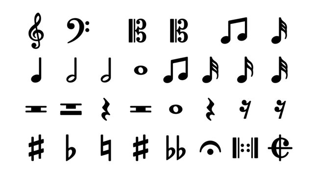 Musical symbols displayed in a grid provide a comprehensive guide to standard notation characters.