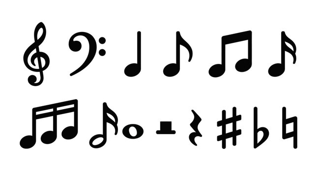Musical notes and symbols form a collection of black icons isolated on a plain white background.