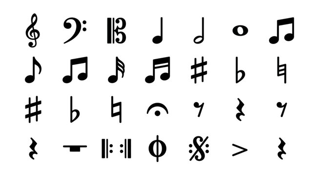 Musical notes arranged in a collection represent various symbols used in classical notation systems.