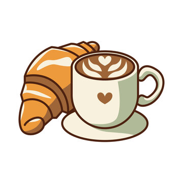 Hot Latte Art Coffee with Flaky Croissant Vector Illustration Bakery and F&B Graphic