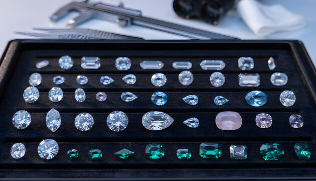 Collection of cut gemstones and diamonds with gemology tools