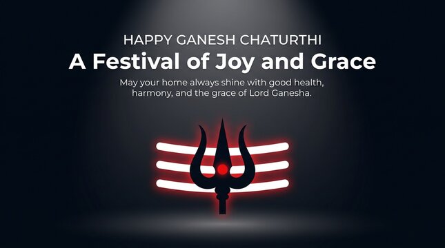 Ganesh chaturthi festival greeting poster featuring traditional shiva trishul symbol with glowing red accents set against a dark atmospheric background with light ...