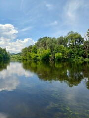 Fototapeta premium Scenic view of Psel river near Pleshivets village with green trees and clear water