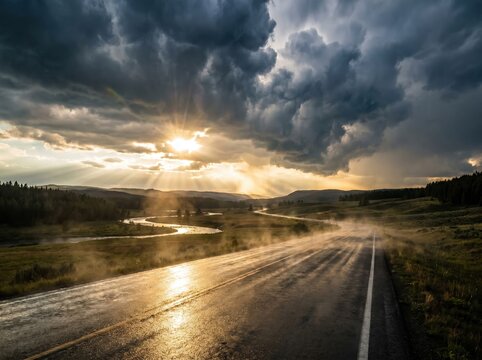 Stormy august sky with dramatic sun rays over a wet winding road and misty river for moody landscape background and atmospheric banner design