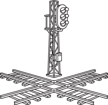 Vector illustration of railway signal and track switch at train junction