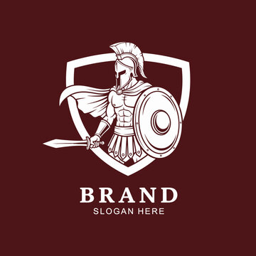 Bold warrior in helmet and armor holding sword and shield with crest background
