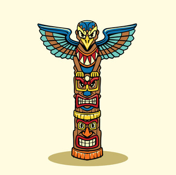 Detailed vintage hand drawn graphic of a tall wooden totem pole topped with a sacred eagle