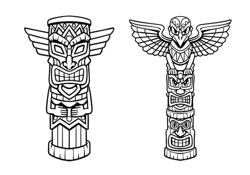 Detailed monochrome line art set of traditional wooden tiki mask and eagle totem pole