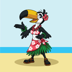 Fototapeta premium Cute cartoon toucan mascot wearing a red floral Hawaiian outfit and grass skirt posing on the beach