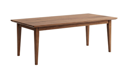 Fototapeta premium Elegant rectangular dining table crafted from rich brown walnut wood with sturdy tapered legs isolated white