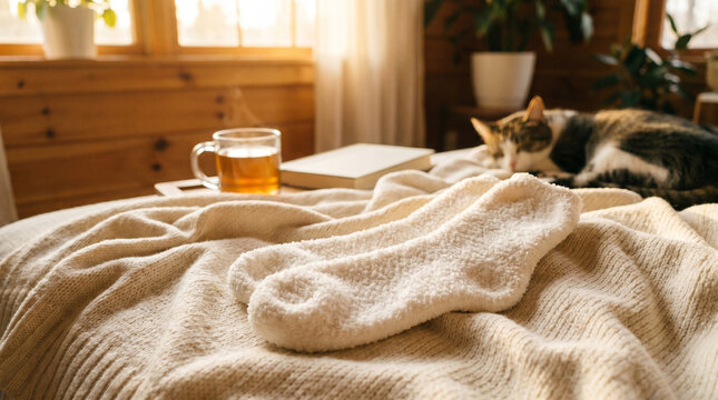 Fluffy White Sock Resting on Cozy Knitted Blanket with Sleeping Cat Nearby