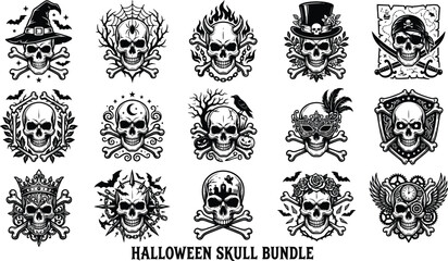 Naklejka premium Set of detailed black and white skull illustrations for halloween themed graphic design and spooky holiday projects