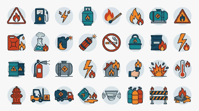 Elegant Colorful Illustrated Icons Set Featuring Fire Safety Hazardous Materials and Emergency Equipment