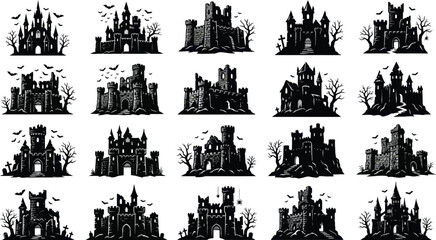 Fototapeta premium Set of twenty black silhouettes of spooky haunted castles for halloween design projects and gothic holiday decorations