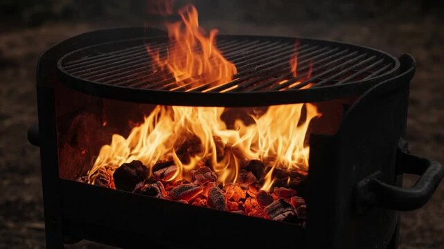 Burning charcoal in a metal grill. Hot flames cooking food on an outdoor barbecue pit.