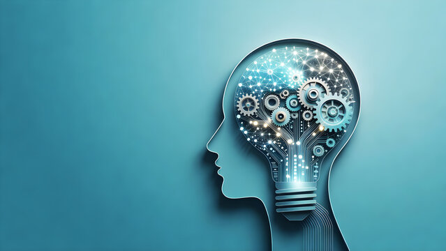 Artificial Intelligence and Creative Thinking Concept with Human Mind Light Bulb and Mechanical Innovation System