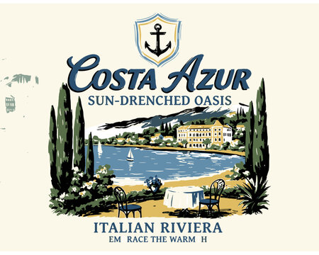 Costa Azur. Italian Riviera sun drenched oasis. Beach club. Endless summer artwork. Tropical vintage design for t shirt.