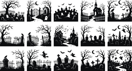 Fototapeta premium Collection of spooky graveyard and haunted house scenes for halloween design in a detailed black and white silhouette