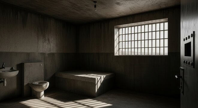 Gloomy Prison Cell: Bed, Toilet, Sink, Barred Window, Dark Concrete Walls