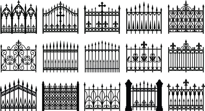 Set of decorative wrought iron fence designs for a spooky halloween cemetery gate black and white silhouette