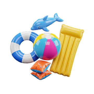 Vibrant 3D render of diverse inflatable pool toys: dolphin, swim ring, beach ball, arm floats, mat.