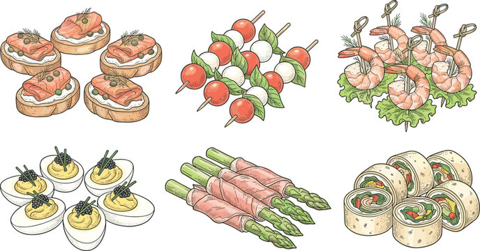 Watercolor Style Banquet Appetizer Set with Salmon Crostini Caprese Skewers Shrimp Canapes Deviled Eggs Prosciutto Asparagus Rolls and Tortilla Wraps for Catering Menu Design