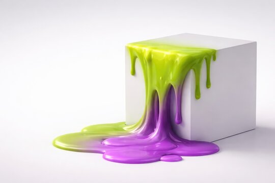 Playful abstract concept of colorful liquid slime melting over a white pedestal cube