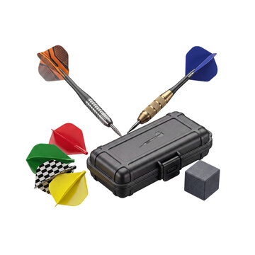 High-quality photography of a professional dart set including metallic darts, colorful flights, a case, and chalk.