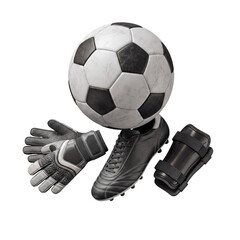 Essential soccer player gear: ball, goalie gloves, cleated shoe, and shin guards for protection. © Ly