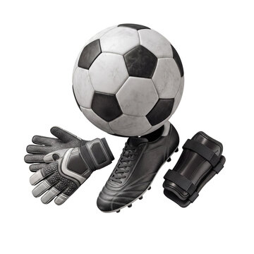 Essential soccer player gear: ball, goalie gloves, cleated shoe, and shin guards for protection.