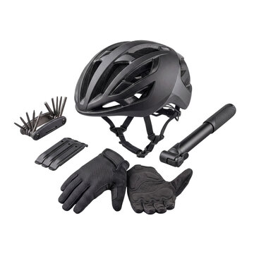 Essential black bicycle helmet and matching cycling repair kit with multi-tool, pump.