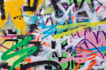 Fototapeta premium Vibrant Urban Graffiti Wall Texture with Colorful Spray Paint Layers and Abstract Marks, a Dynamic Street Art Background