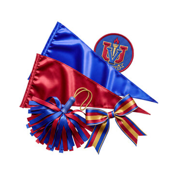 Festive collection of red and blue spirit items, including pennants, a pom-pom, and a university patch.