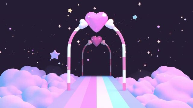 Passing through heart corridor on clouds animation. (loop)