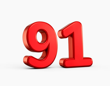 Bold red metallic number 91 with smooth edges and studio illumination, 3D illustration.